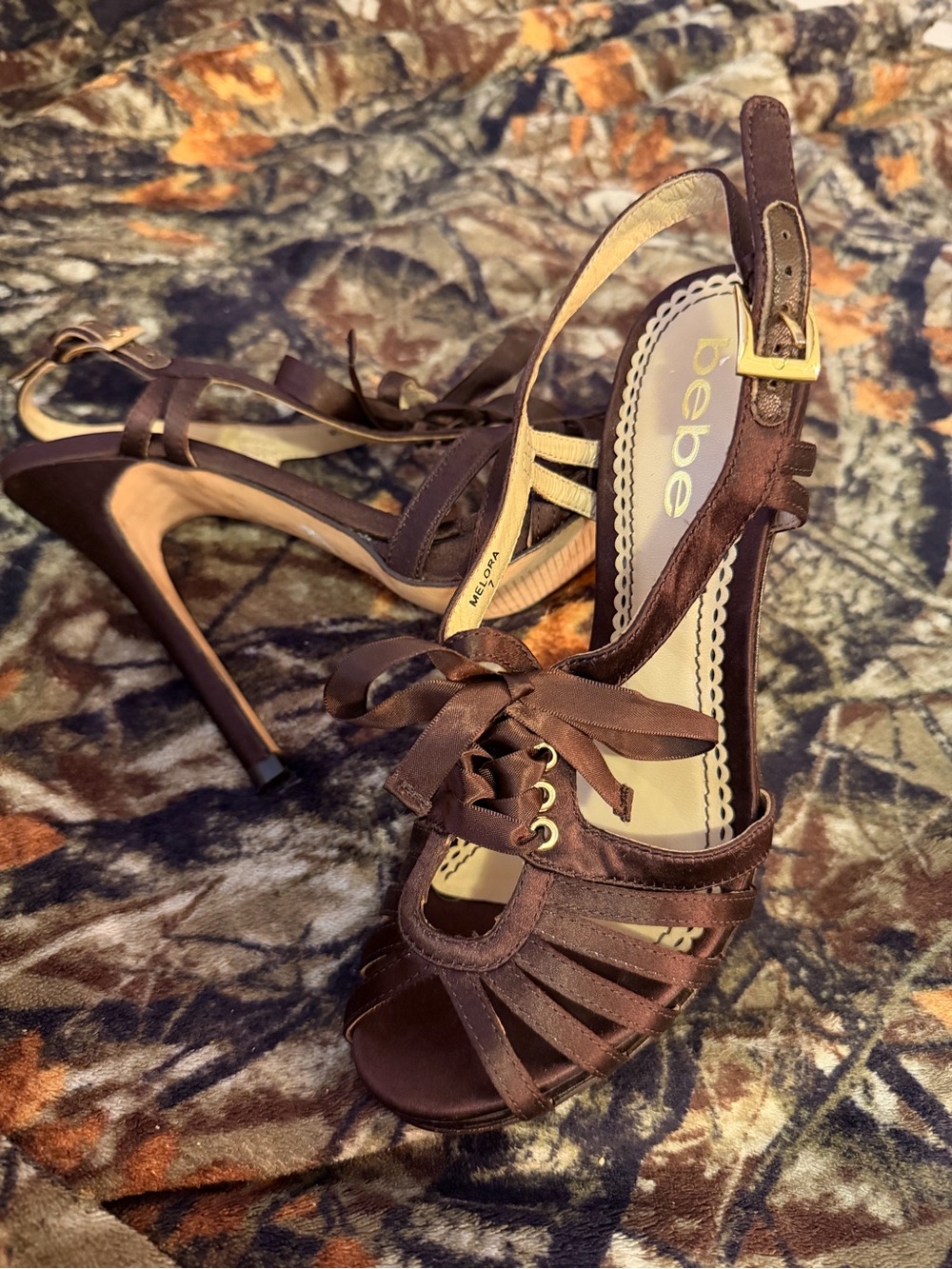 bebe Dark Brown Satin Lace-Up High Heels